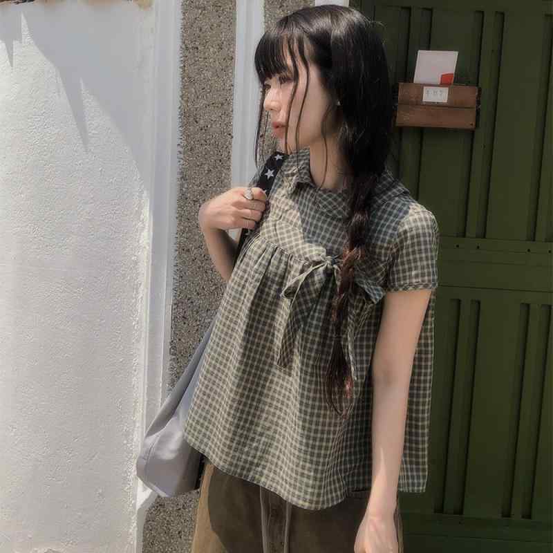 シャツ レディース 半袖 ブラウス ギンガムチェック 格子柄 リボン リボン結び バックリボン トップス カットソー プ…
