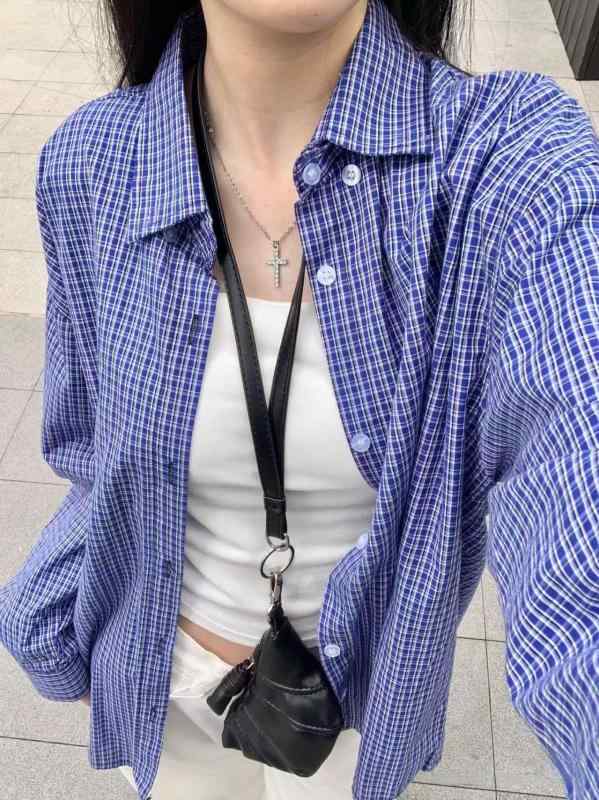 シャツ レディース トップス 羽織り アウター 長袖 厚手 格子柄 チェック柄 ブルー 青 秋冬 秋服 冬服 カジュアル 韓…