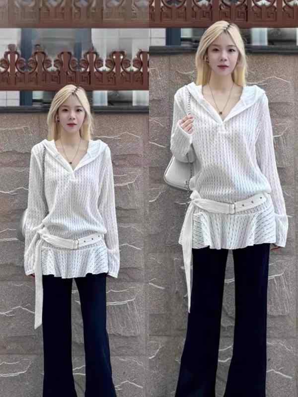・カテゴリ: シャツ・スタイル: お姉さん風、コンサバ・フェミニン・主な素材: シェニール、スパンデックス（30%以下）・柄: 無地・ネックライン: フード付き・袖丈: 長袖・袖型: レギュラースリーブ・シルエット: ルーズフィット・カラー展開: ホワイト・サイズ展開: M、L、XL