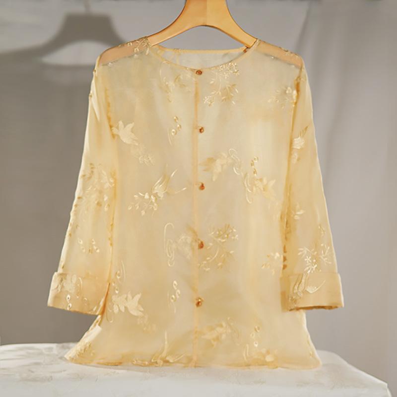 シャツ レディース 春夏 長袖 トップス 羽織り 開衫 刺繡 シルク 真絲 透け感 防紫外線 冷房対策 新中式 シフォン スリット ゆったり 軽量 体型カバー カジュアル 普段使い 通勤 絹