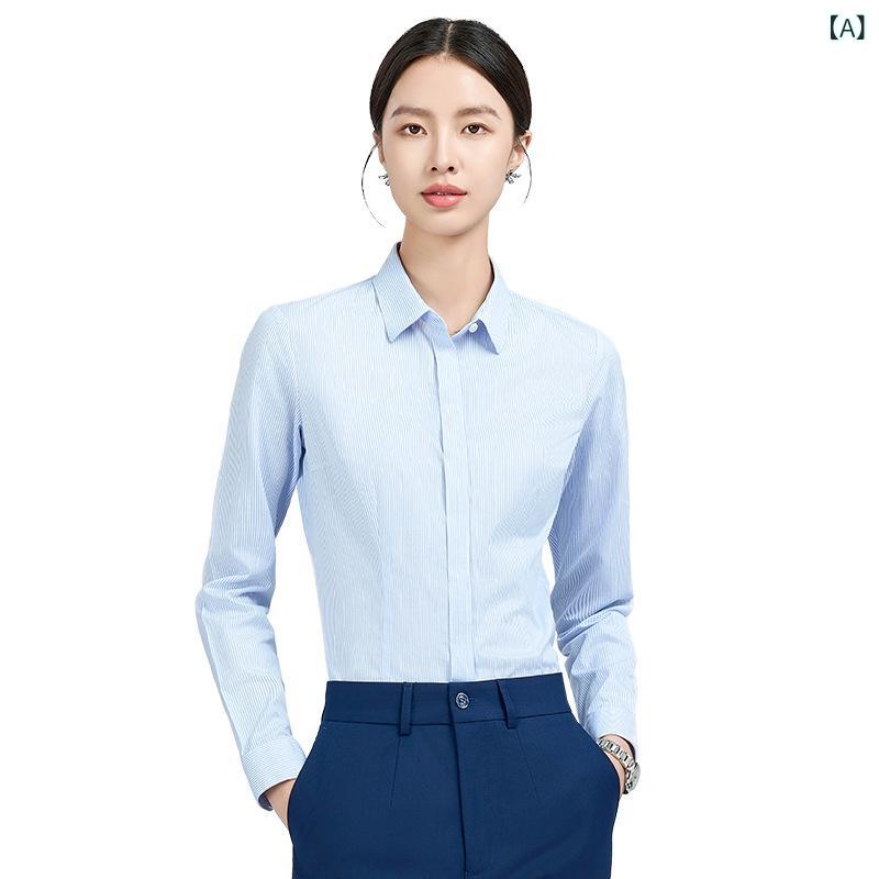 シャツ レディース 女性用 100双 コットン 全棉 長袖 ブルー ストライプ 形態安定 ノーアイロン 事務服 オフィス 受付 銀行 会社 ビジネス カッターシャツ トップス インナー きれいめ 上品 爽やか 青