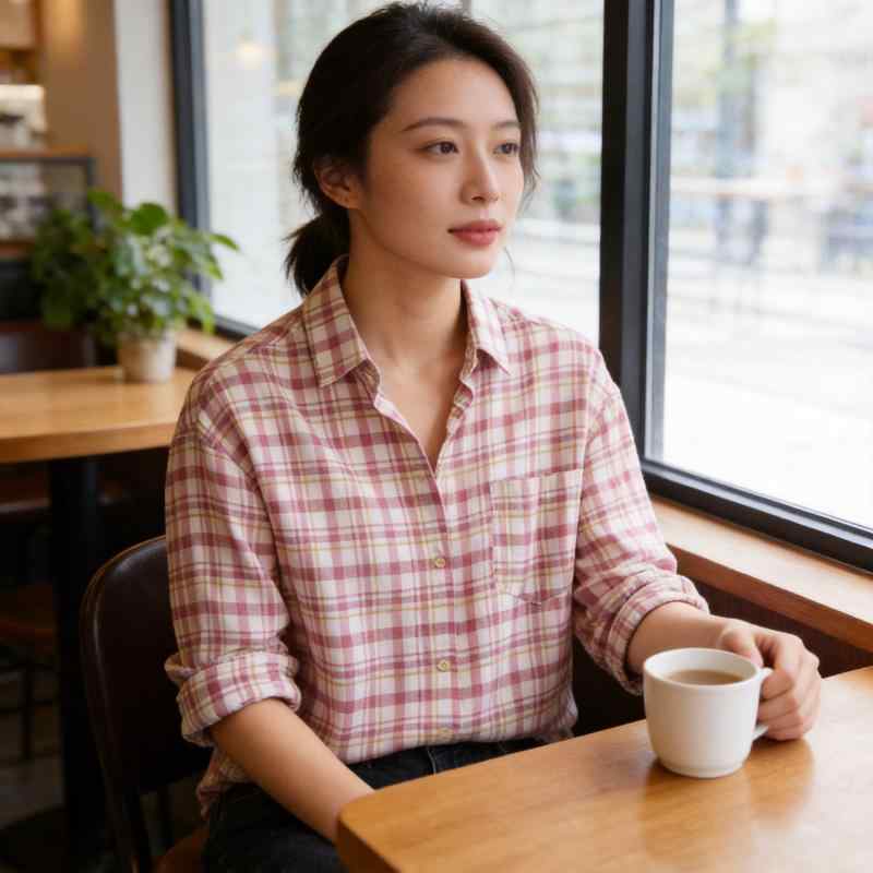 シャツ レディース トップス 長袖 格子柄 チェック ネルシャツ 襟付き ボタン 綿 コットン 普段使い 通勤 オフィス 通学 カジュアル シンプル かわいい ピンク 秋 秋冬