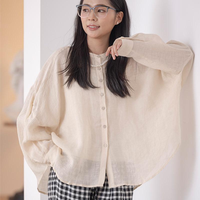 カーディガン トップス レディース 綿麻 亜麻 リネン 半袖 シャツ 丸首 クルーネック プルオーバー 無地 体型カバー ゆったり 大きいサイズ 涼しい 薄手 普段使い カジュアル 上品 爽やか ナチュラル シンプル