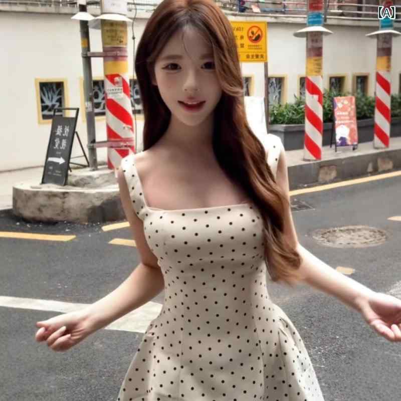 ワンピース レディース 春夏 ドット柄 水兵風 セクシー バックオープン 背中あき ウエストマーク 着痩せ ボリューム Aライン キャミソール ショート丈 ミニワンピース かわいい 涼しい 旅行 リゾート デート おしゃれ — vista 2