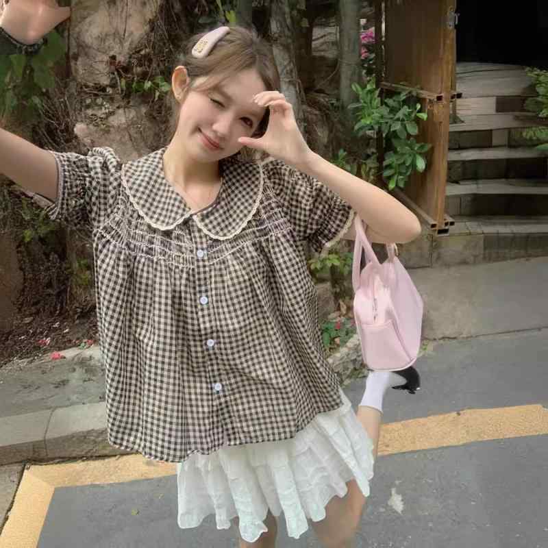 シャツ レディース 春夏 半袖 格子柄 チェック 襟付き パフスリーブ ボリューム袖 トップス カットソー ブラウス プ…