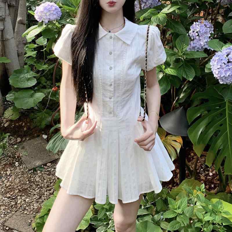 ワンピース レディース 半袖 膝丈 ミニ サマードレス 学院風 学生風 制服風 白 ホワイト ぽわん袖 バルーンスリーブ ボリュームスリーブ ウエストマーク 細見え Aライン フレア スウィート かわいい キュート