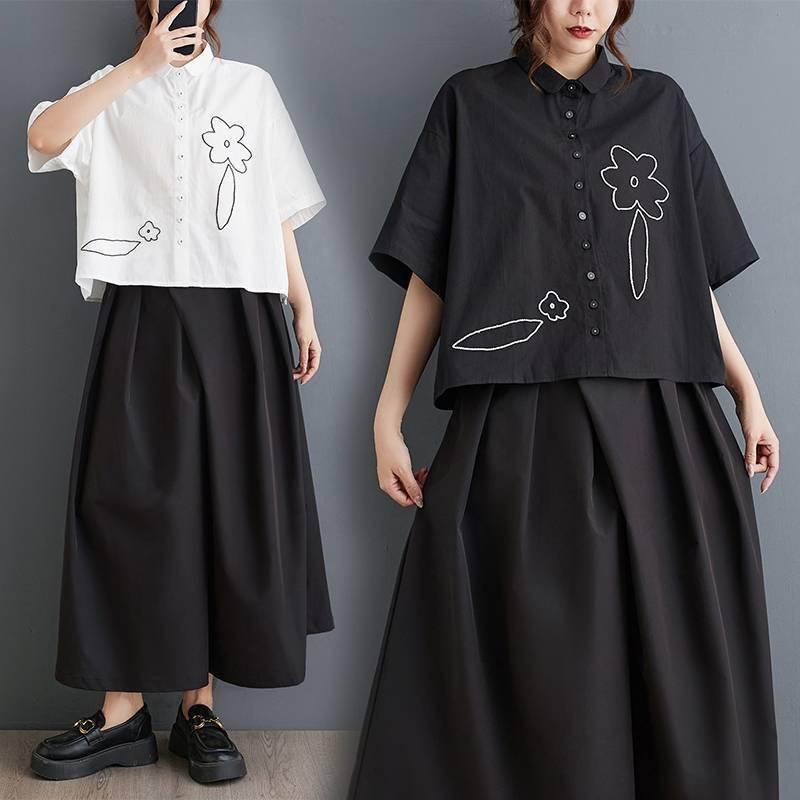 シャツ レディース トップス ブラウス 学院風 刺繡 配色 半袖 襟付き カジュアル 前開き ボタン 春夏 かわいい ゆったり 体型カバー 大きいサイズ 着痩せ 上着