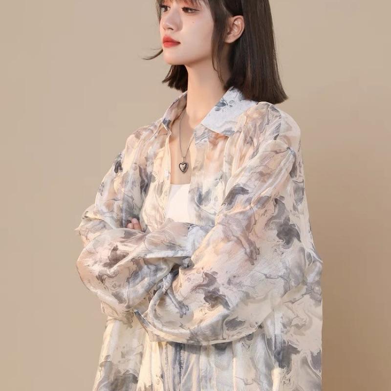 シャツ レディース タイダイ柄 チュール 薄手 長袖 トップス 日焼け止め 紫外線対策 シアーシャツ 羽織り カーディガン アウター ライトアウター 韓国風 デザイン ゆったり 透け感 涼しい 吸汗 速乾 インナー 重ね着 普段使い カジュアル