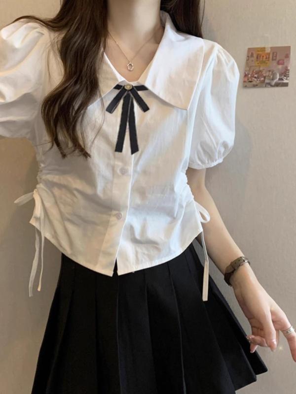シャツ レディース 半袖 制服 セットアップ スカート 2点セット ウエストマーク レースアップ ホワイト 白 学院風 ショート丈 パフスリーブ トップス ブラウス カジュアル フェミン 通学 スクール リボン