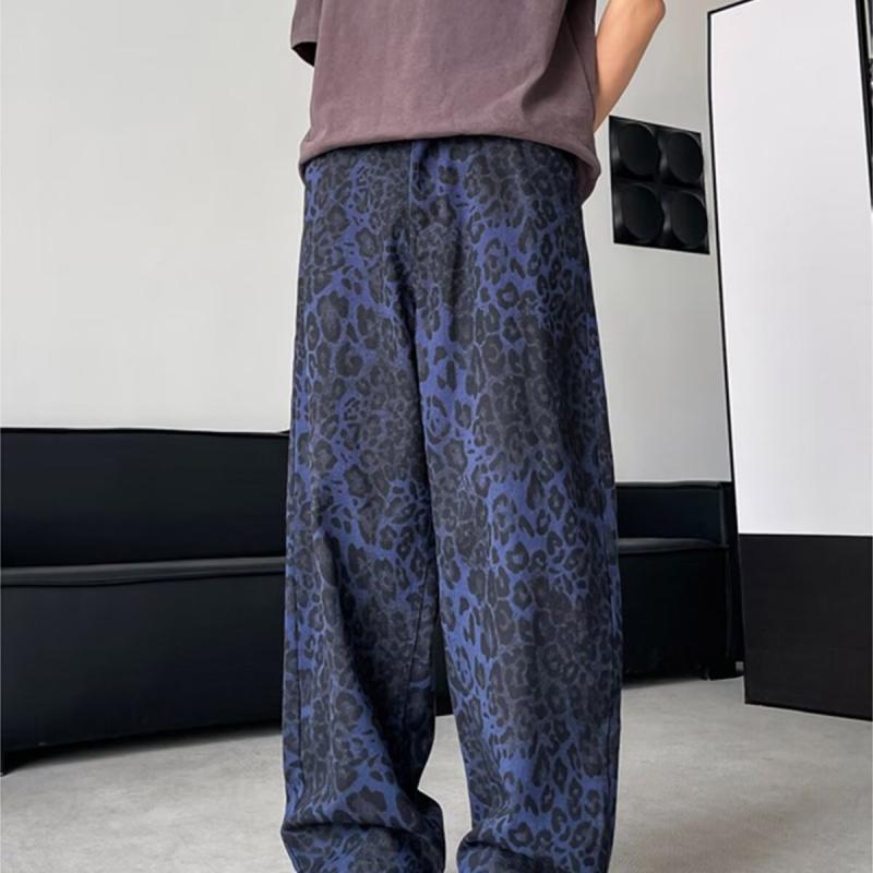 ジーンズ レディース デニム パンツ ボトムス ジーパン ズボン ヒョウ柄 レオパード 青 ブルー ヴィンテージ風 液体染め加工 ユーズド風 欧米風 レトロ カジュアル ロング丈 ストレート ハイウエスト 美脚 脚長 スリム