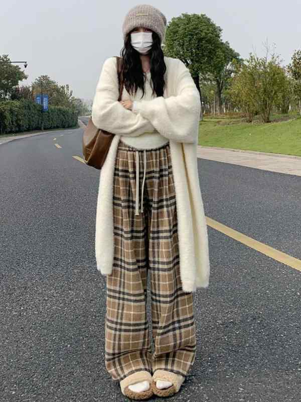 ワイドパンツ レディース 秋冬 厚手 ピンク チェック柄 闊腿パンツ ハイウエスト 直筒パンツ ゆったり 落ち感 カジュアル 拖地パンツ ロングパンツ 長ズボン ボトムス 女性用 暖かい 防寒 普段使い 通勤 通学