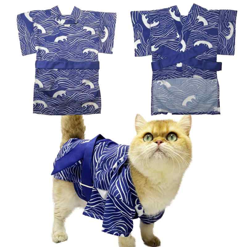 Wag&Wink 犬服 ペット着物 和服 袴 ドッグウェア 猫服 和柄 浮世絵 波模様 写真映え お正月 七五三 ひな祭り お祭り 記念日 フォト撮影 軽量 通気性 簡単着脱 小型犬 猫用 ペット和装（ブル