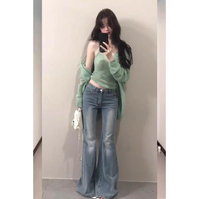 ニットカーディガン レディース キャミソール デニムパンツ セットアップ 3点セット トップス アウター スリット ラッパズボン ジーンズ ジーパン 韓流スタイル 長袖 リブニット カジュアル 春秋
