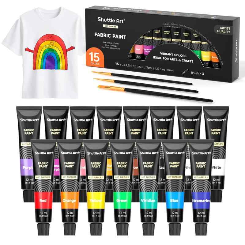 Shuttle Art 布用絵の具 14色(白2本入り) 12ml 布絵の具セット 布描き絵の具 ウォッシャブル 洗っても落ちない ファブリックペイント ペイントブラシ3本付き 速乾 耐久 Tシャツ かばん スニーカー
