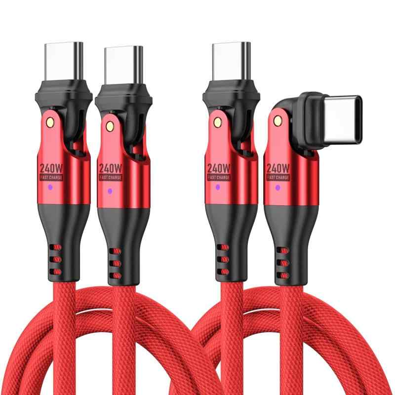 PD 240W USB Type C ケーブル USB-C to USB-C L字型 540°回転可【1.8M+1.8M】5A急速充電 データ転送可 タイプc 充電ケーブル AndroidなどType-C機種対応 (1.8m*2)超高速充電：PD3.1/QC4.0対応で、最新スマホやタブレットをわずか35分で約80%まで急速充電。待ち時間を大幅に短縮します。全デバイス対応：ノートPC、スマホ、タブレット、ゲーム機など、Type-Cポート搭載の多彩なデバイスに広く対応。一本で全てを効率的に充電できます。180°回転デザイン：両端180°回転するコネクタが、狭い場所でもストレスフリー。充電しながらの動画視聴やゲームも快適です。超耐久設計：高強度ナイロン編みとアルミ合金ボディにより、日常的な引きちぎりや折れに強く、通常のケーブル比で30倍の耐久性を実現しました。