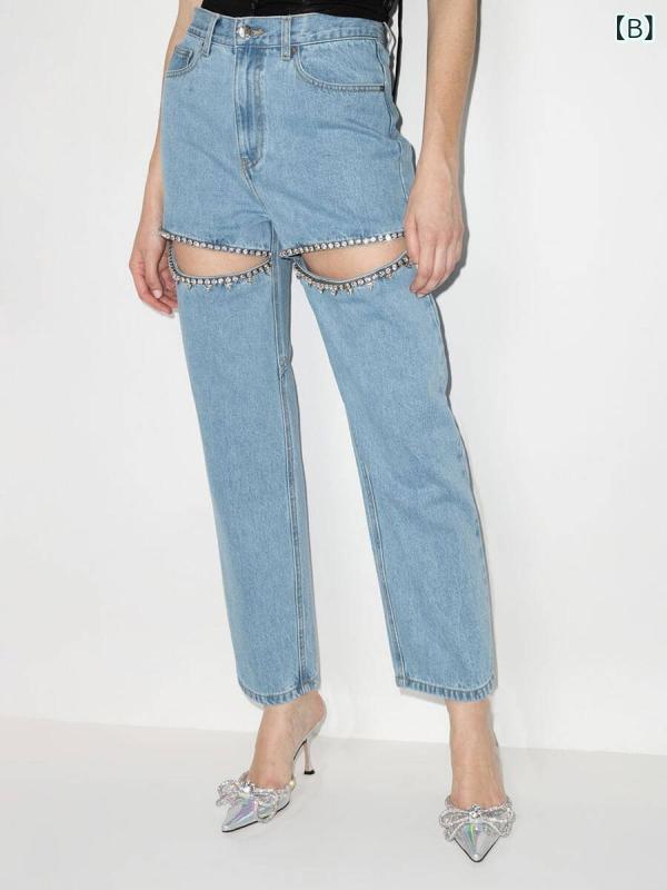 GRATIQUE MIEIのジーンズ レディース デニム パンツ ジーパン ロングパンツ ボトムス ストレートパンツ 長ズボン ハイウエスト 美脚 着痩せ 細見え ゆったり 伸縮性 ストレッチ カジュアル 定番 ベーシック アメリカン スタイル ブルー ネイビー｜アングル3