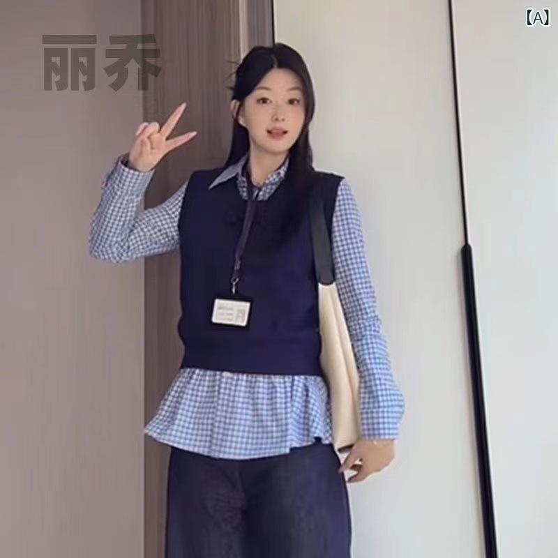 セットアップ レディース ニットベスト シャツ 2点セット 紺 刺繍 Vネック ノースリーブ ビスチェ 格子柄 リボン ブ…