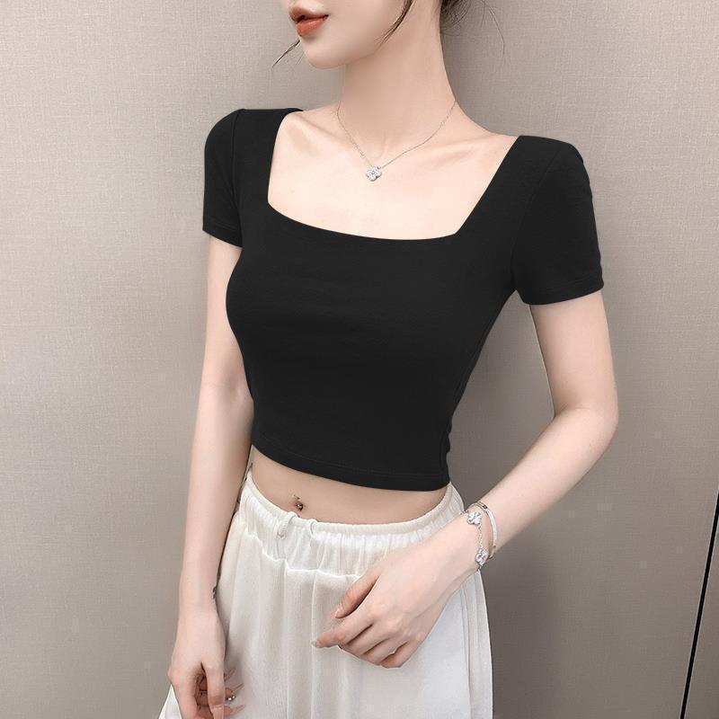 Tシャツ レディース カットソー トップス 半袖 スクエアネック クロップド丈 ショート丈 ショートトップス ヘソ出し タイト スリム フィット ハイウエスト プルオーバー インナー 薄手 無地 ブラック 黒 伸縮性 カジュアル 春夏