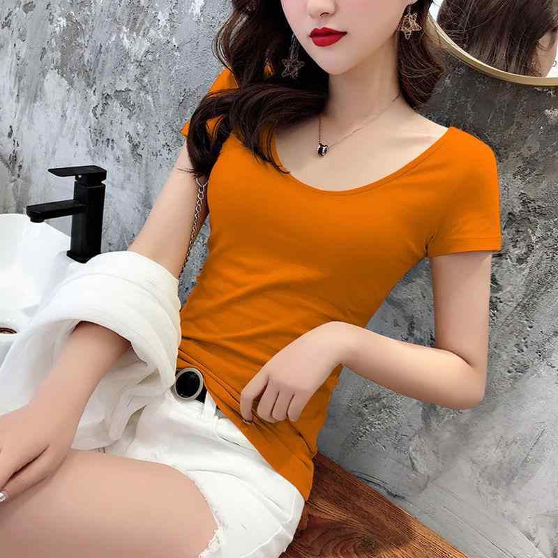 Tシャツ レディース カットソー 半袖 Uネック タイト トップス ぴったり フィット インナー シャツ 綿 コットン 普段使い デイリーユース 通学用 通気性 伸縮性 無地 シンプル カジュアル かわいい アイボリー