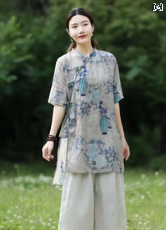 ・カテゴリ: 衬衫・スタイル: 文艺风・主な素材: 麻・柄: 如图・袖丈: 短袖・クラフト: 印花・シルエット: 宽松型・着丈: 中长款(65cm<衣长≤80cm)・ネックライン: 立领・袖型: 常规袖・流行要素: 如图・カラー展開: 花色1、花色2、花色3・サイズ展開: 均码