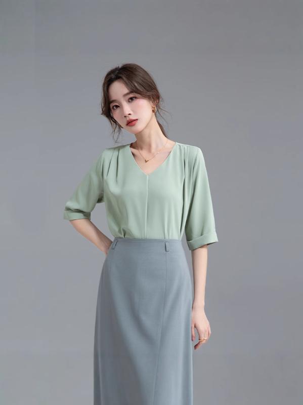 シャツ レディース 半袖 Vネック グリーン 緑 シフォン トップス ブラウス オフィス 通勤服 事務服 ビジネス カジュ…
