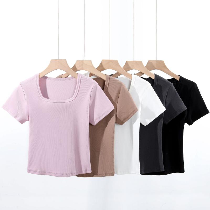 Tシャツ レディース 半袖 春夏 ショート丈 スリム フィット クルーネック カットソー トップス プルオーバー 伸縮性 薄手 インナー 無地 シンプル カジュアル かわいい おしゃれ 通学 デート お出かけ ブラック ホワイト
