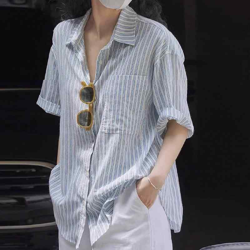 ・カテゴリ: shirts・主な素材: 綿 70%以上80%未満、ポリエステル 30%以下・柄: ストライプ・スタイル: カジュアル、通勤・袖丈: 半袖・袖型: フリル袖・シルエット: ルーズフィット・着丈: ミディアム丈（約65cm～80cm）・ネックライン: POLOネック・流行要素: ポケット・カラー展開: 画像通り・サイズ展開: M、L、XL、2XL