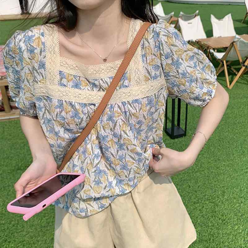 トップス レディース スクエアネック 小花柄 ブラウス シャツ カットソー ショートスリーブ 半袖 シフォン 薄手 軽い…