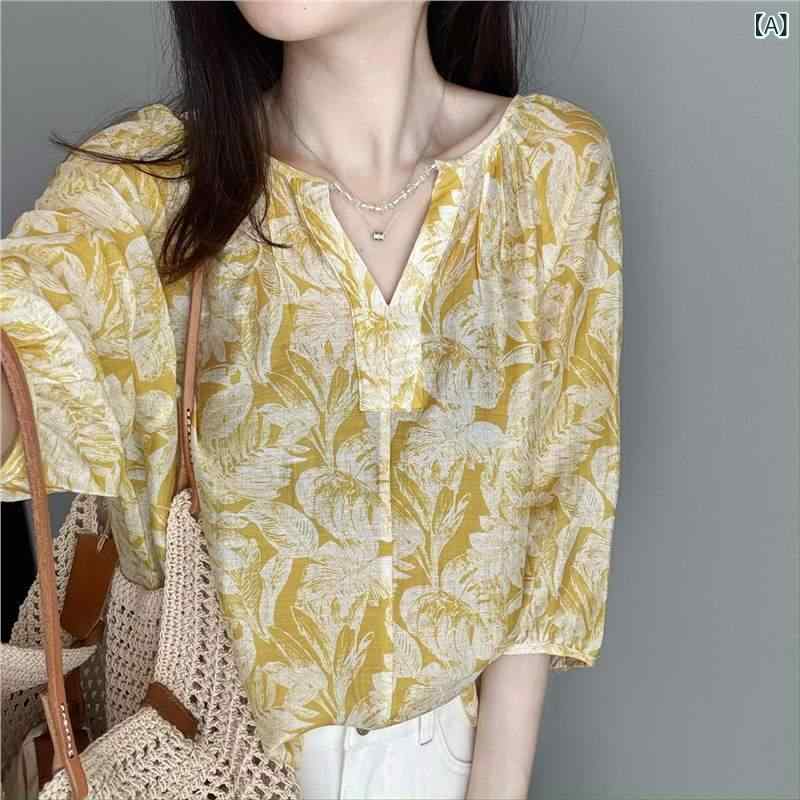 ・カテゴリ: shirts・スタイル: カジュアル・ネックライン: Vネック・袖丈: 長袖・袖型: レギュラースリーブ・柄: プリント・カラー展開: イエロー・サイズ展開: M、L