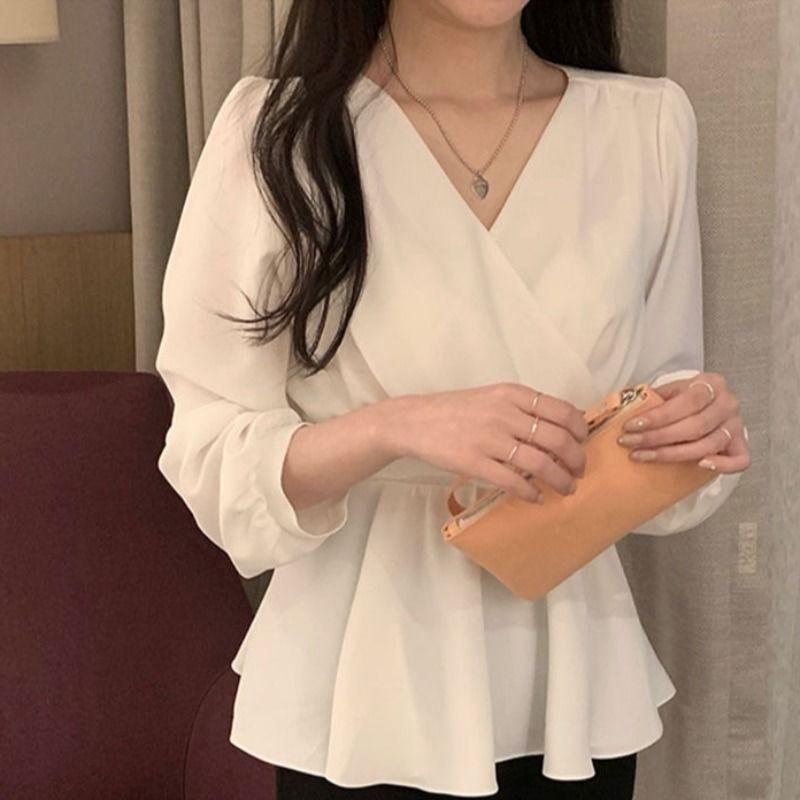 シャツ レディース 春秋 シフォンシャツ トップス ブラウス 長袖 Vネック ウエストマーク リボン ギャザー エレガン…