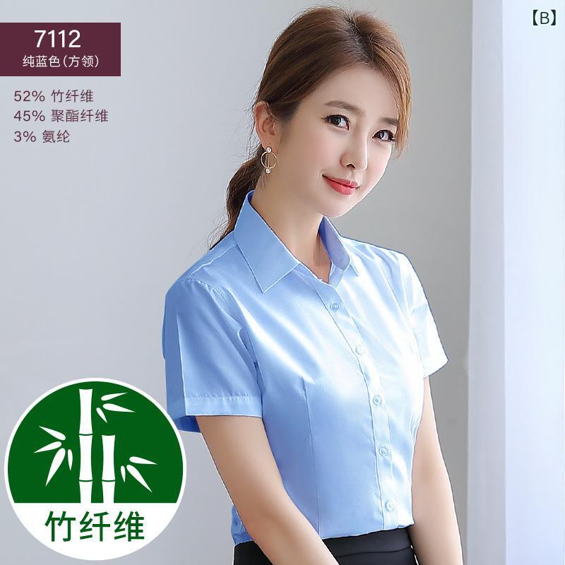 シャツ レディース トップス 半袖 竹繊維 オフィス 事務服 ホワイト 無地 通勤用 きれいめ 通気性 柔らかい スリム フィット 形状記憶 仕事用 カジュアル シンプル putera-10452622 GRATIQUE MIEI サンプル画像3