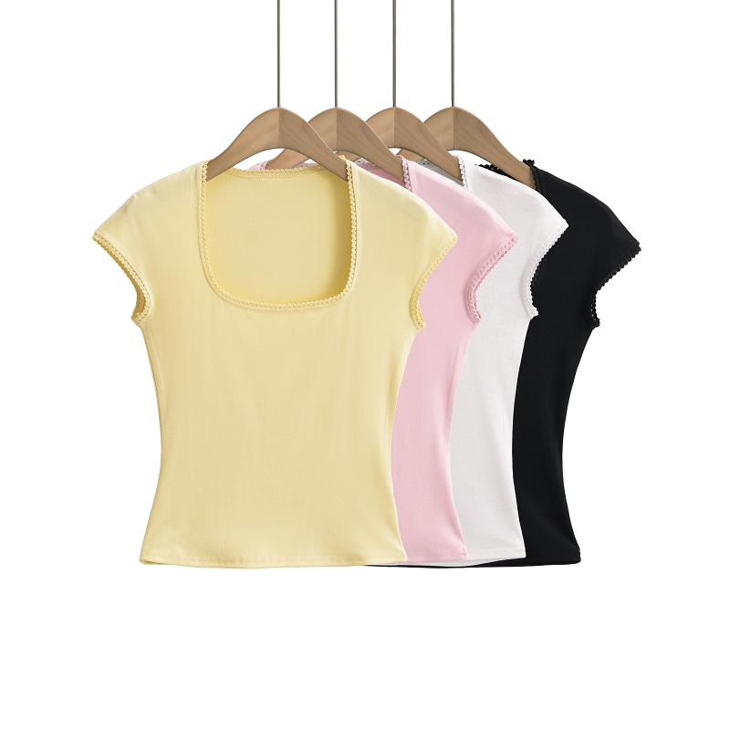 Tシャツ レディース カットソー 半袖 Uネック ショート丈 トップス プルオーバー コサージュ 花 レース メロウ フリル 伸縮性 薄手 インナー 無地 カジュアル スポーティー ガールズ フェミニン
