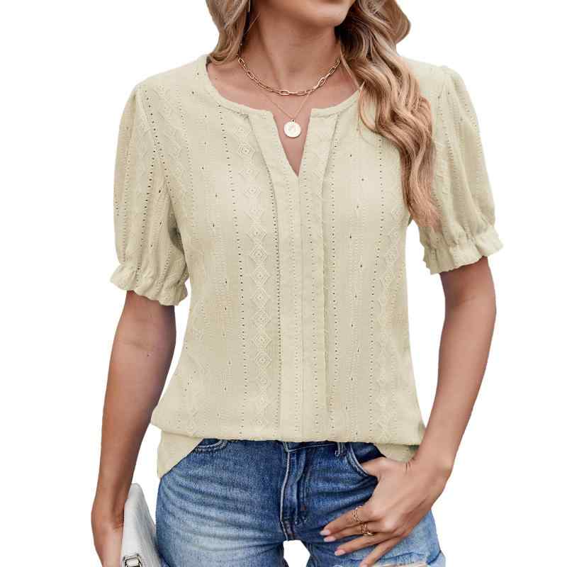 ・カテゴリ: Tシャツ・スタイル: カジュアル、快適カジュアル・主な素材: 混紡（ポリエステル30%以上50%未満、綿）・柄: 無地・デザイン: ルーズフィット、ミディアムロング（着丈約65-80cm）・ネックライン: Vネック・袖丈: 半袖・袖の種類: プリンセススリーブ・仕上がり: ニット、ジャカード織・カラー展開: ブラック、ホワイト、ダークピンク、グリーン、スカイブルー、アプリコット・サイズ展開: S、M、L、XL、XXL