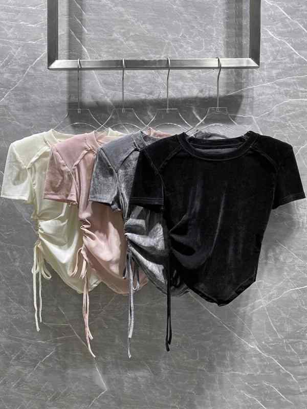 Tシャツ レディース カットソー 半袖 ベルベット 丝绒 ギャザー ドローストリング パッド入り 肩パッド 細見え 着痩せ タイト スリム 無地 普段使い トップス カジュアル おしゃれ かわいい おしゃれ カジュアル きれいめ