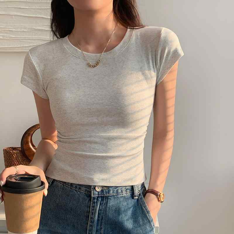 ・カテゴリ: Tシャツ・スタイル: カジュアル、文芸レトロ・主な素材: 綿95%、ポリウレタン5%・ネックライン: クルーネック・袖丈: 半袖・袖型: フリル袖・柄: 無地・デザイン: プルオーバー、切り替え、サイドギャザー・シルエット: スリムフィット・着丈: ショート丈（40cm以下）・カラー展開: ヘザーグレー、ホワイト、ブラック・サイズ展開: S（45kg以下）、M（45-51kg）、L（51-57kg）、XL（57-62.5kg）、2XL（62.5-70kg）・おすすめシーン: 日常、通勤、デート、旅行、お出かけ、アウトドア、オフィス、ルームウェア