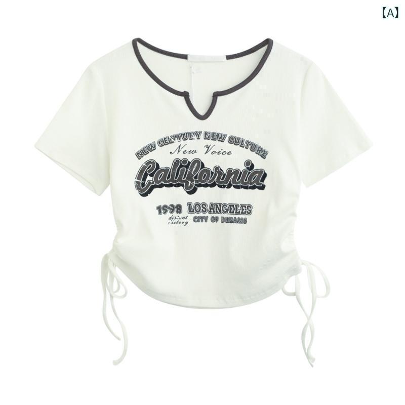 Tシャツ レディース 半袖 正肩 ショート丈 スリム フィット 着痩せ 体型カバー ドローストリング 無地 カットソー トップス 伸縮性 ストレッチ 薄手 カジュアル シンプル 通学 通勤 普段使い 春夏 サマー インフルエン