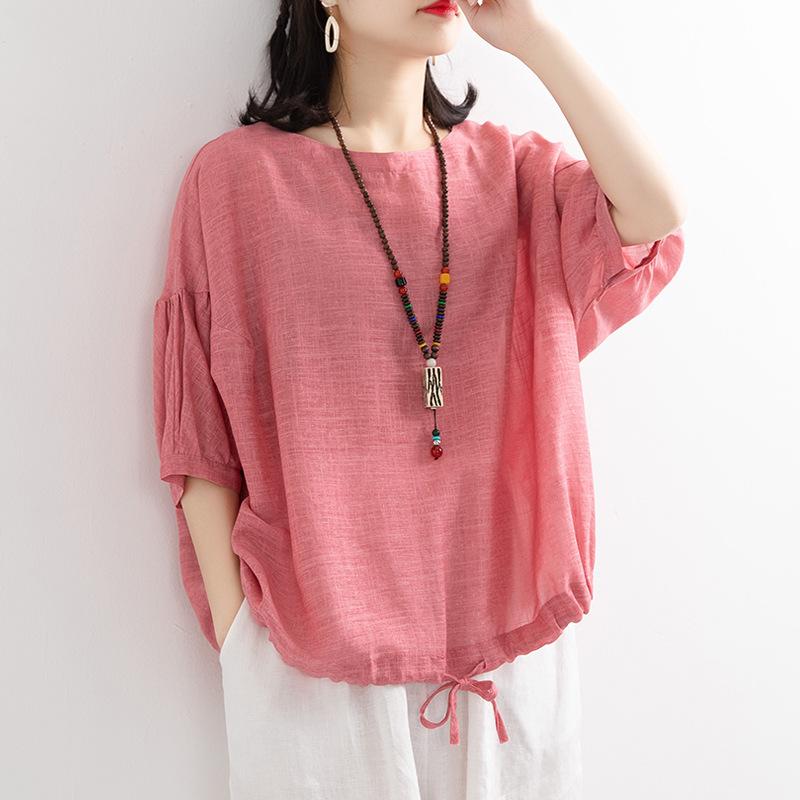 Tシャツ レディース カットソー プルオーバー トップス ゆったり 大きいサイズ ドルマンスリーブ 裾ドローストリング 裾シャーリング クルーネック 丸首 五分袖 半袖 春夏 カジュアル ルーズ 体型カバー 女性用 普段使いやすい