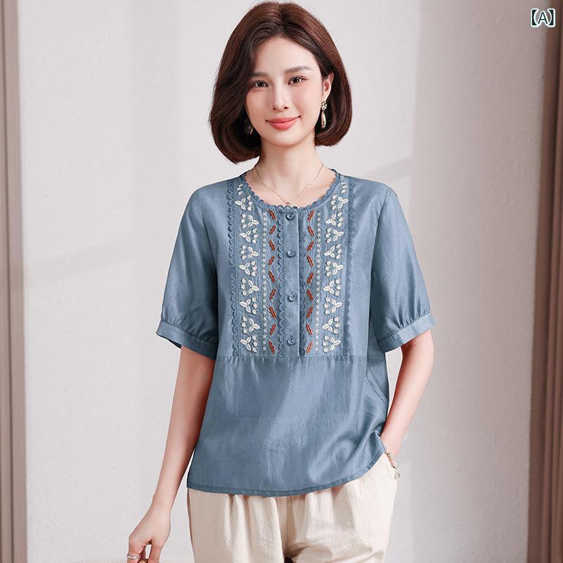 Tシャツ レディース 春夏 刺繍 トップス エレガント 大きいサイズ シニア ゆったり きれいめ 上品 普段着 デイリー使い お出かけ 体型カバー 快適 薄手 通気性 クルーネック カジュアル シンプル 無地調 半袖 婦人服 putera-10315258 GRATIQUE MIEI サンプル画像2