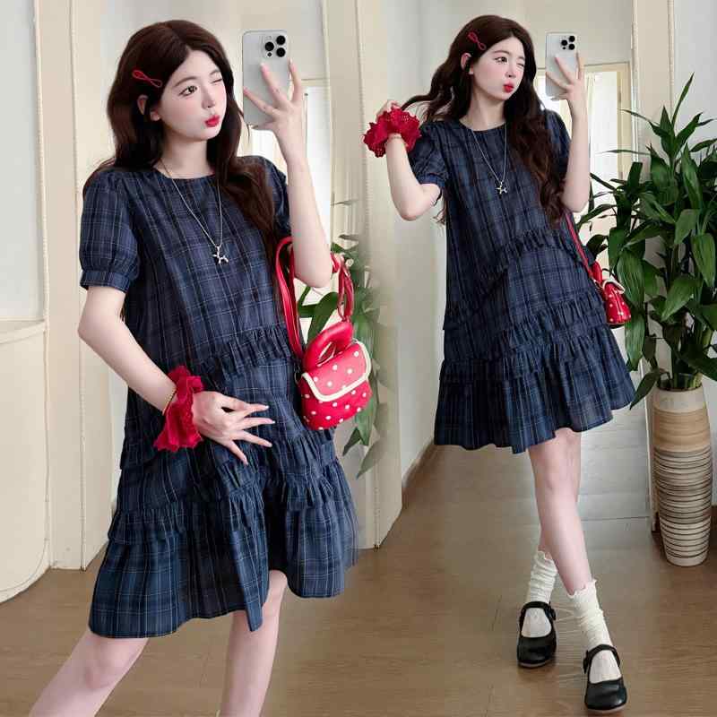 ワンピース マタニティ レディース 半袖 膝丈 ブルー チェック柄 パフスリーブ カジュアル 妊婦服 授乳服 おしゃれ かわいい 高級感 フェミニン デイリー きれいめ お出かけ 体型カバー ゆったり 春夏