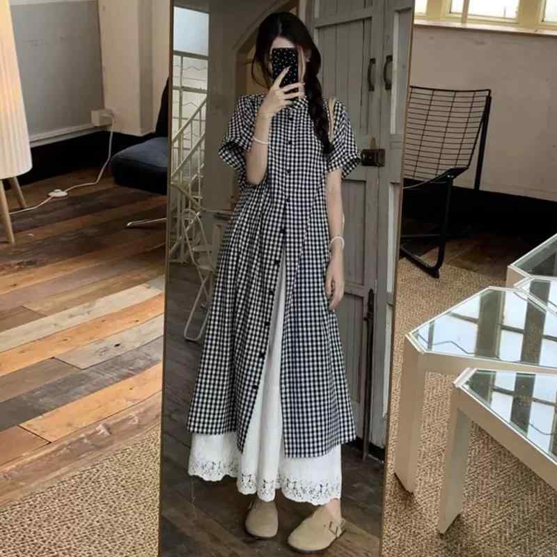 ワンピース レディース 孕婦 マタニティ 2点セット チェック柄 シャツ 膝丈 半袖 重ね着風 ゆったり 体型カバー カジュアル おしゃれ オールシーズン