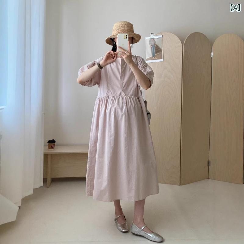 ワンピース マタニティ 韓国風 半袖 ミモレ丈 綿 プルオーバー 春夏 軽量 柔らかい...