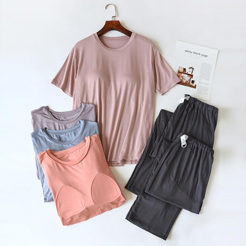 マタニティウェア レディース 上下セット 半袖 モダール 授乳服 産後 パジャマ 部屋着 ルームウェア カップ付き 調整可能 ズボン パンツ 春夏 リラックスウェア 快適 通気性 やわらか 妊婦服 出産準備