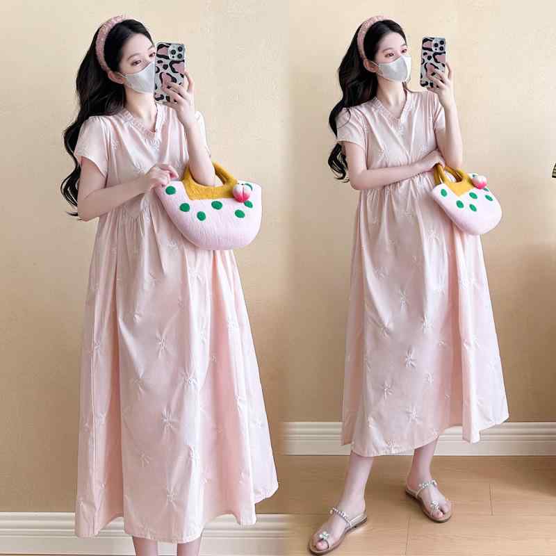 ワンピース 妊婦服 レディース 半袖 蝶々 刺繡 百褶襟 膝丈 体型カバー マタニティ...