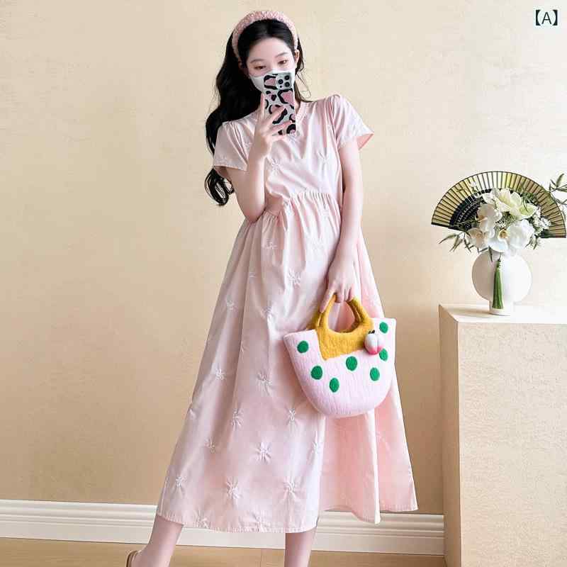 ワンピース 妊婦服 レディース 半袖 蝶々 刺繡 百褶襟 膝丈 体型カバー マタニティ...