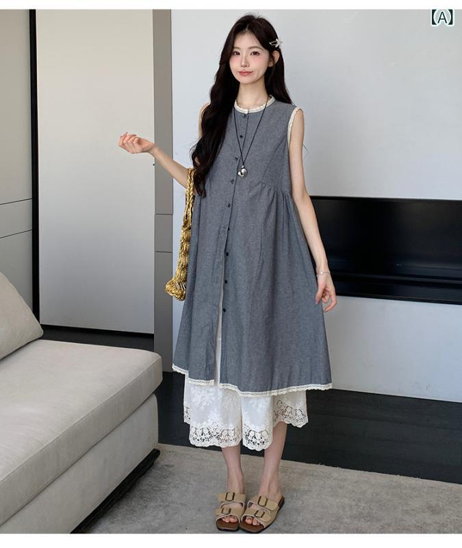 ワンピース 闊腿パンツ セットアップ ノースリーブ レース 猪鼻ボタン 妊婦服 マタニティウェア おしゃれ カジュアル 産前 産後 ママコーデ・カテゴリ: セットアップ・柄: 無地・袖丈: ノースリーブ・素材: 綿麻・カラー: グレー（トップス）、レースワイドパンツ・サイズ展開: M, L, XL, 2XL・スタイル: スカートセットアップ、日韓カジュアル・流行の要素: ボタン・テイスト: スイート、ナチュラル・スカート丈: ミモレ丈・技術: 刺繍