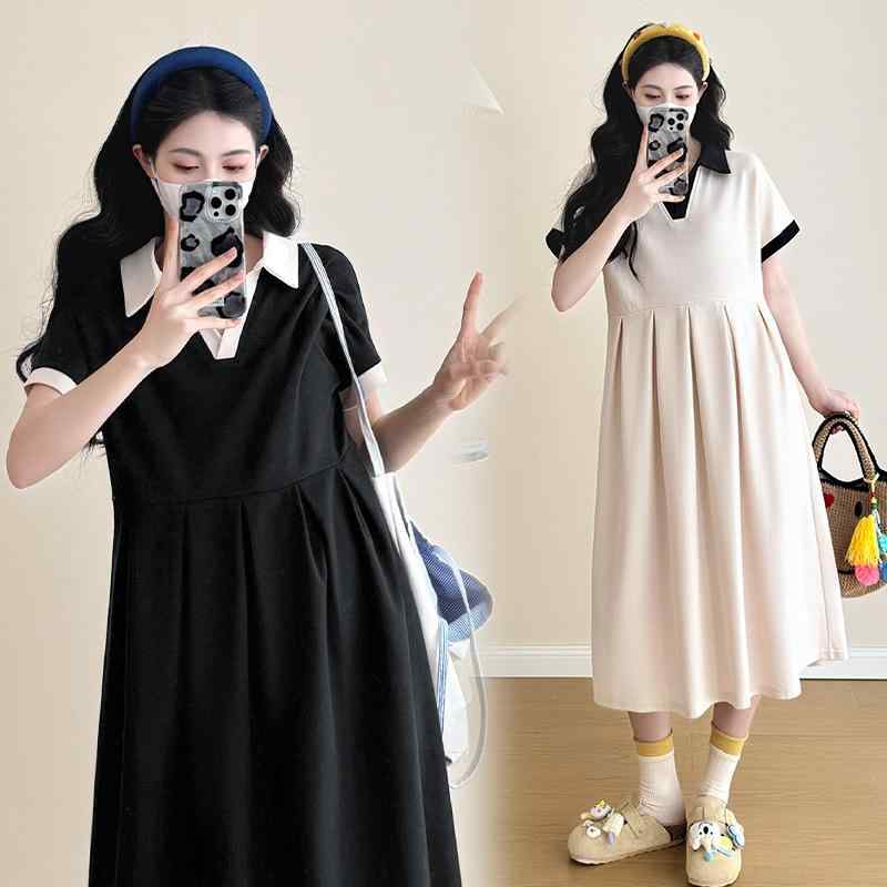 ワンピース レディース 妊婦 マタニティ 授乳服 春夏 襟付き Vネック ミモレ丈 綿 ...