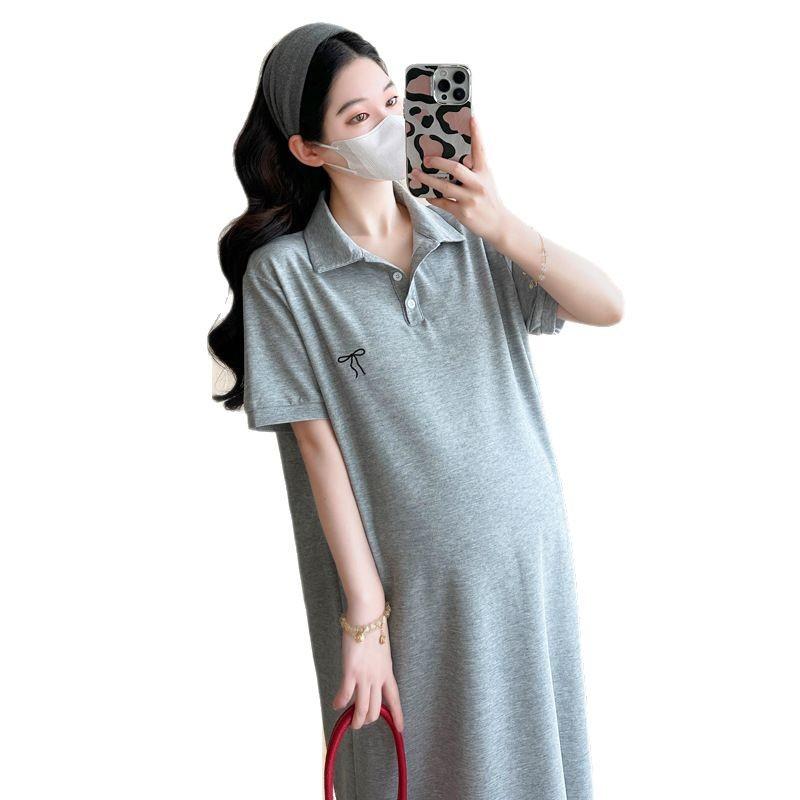 ワンピース レディース マタニティ 半袖 襟付き フレンチスタイル 高級感 着痩せ ぽっちゃり 体型カバー 夏 外出 お出かけ・カテゴリ: 连衣裙・領型: 翻領・袖丈: 三分袖・面料名称: 棉・主面料成分: 棉・主面料成分含量: 70%-80%・柄: 纯色・裙長: 中長裙・カラー展開: 深藍色, 灰色, 粉紅色・サイズ展開: M, L, XL, 2XL・裙型: A字裙・スタイル: 气质通勤・流行要素: 立体装飾・跨境スタイル: 快適カジュアル・袖型: 常規袖・主面料成分2含有量: 30%以下・工芸: 免燙処理・主面料成分2: 涤纶（ポリエステル）
