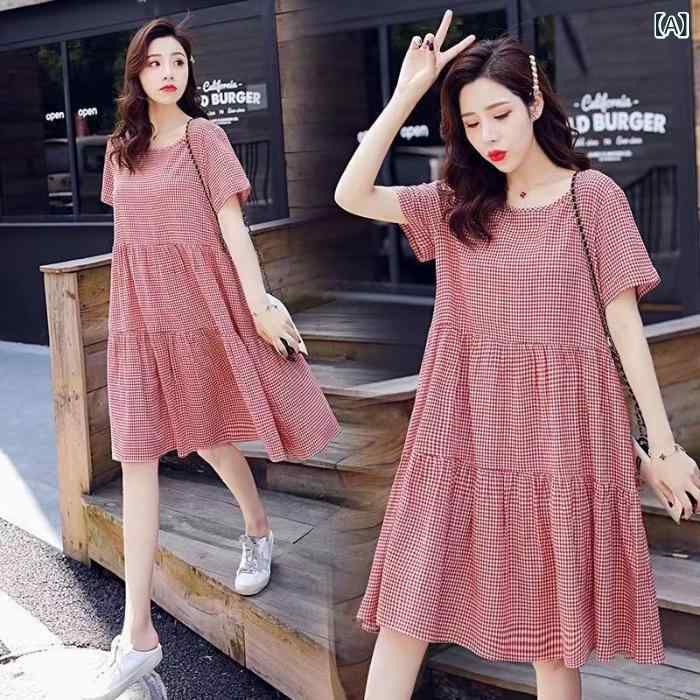 マタニティワンピース レディース 夏服 ミモレ丈 格子柄 Aライン 大きいサイズ ゆ...