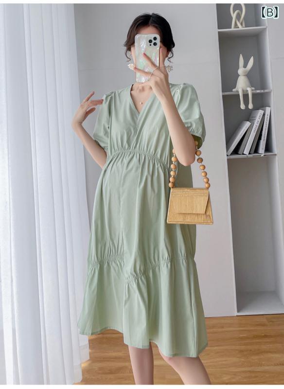 ワンピース レディース マタニティ 春夏 妊婦服 ギャザー 膝丈 膝下丈 ゆるやか A...