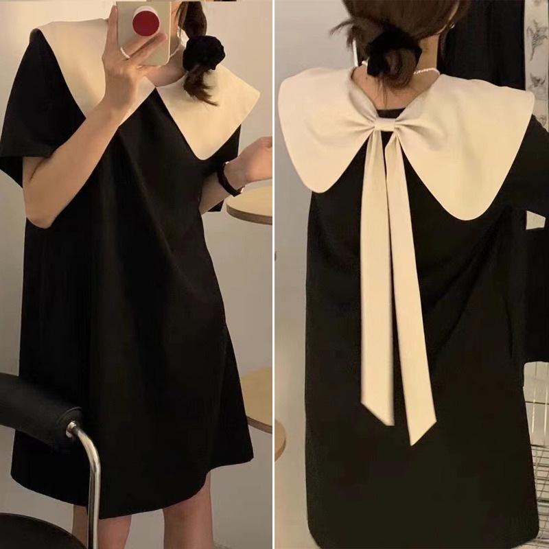 ワンピース マタニティ レディース 夏服 ブラック 高級感 2WAY 襟 ビッグカラー リボン 低身長 膝丈 スタイルアップ・カテゴリ: ワンピース・ネックライン: ラウンドネック・袖丈: 三分袖・素材: 綿・ポリエステル・混率: 綿・ポリエステル70-80%、ポリエステル30%以下・柄: 無地・スカート丈: ミニ丈・カラー: ブラック・サイズ展開: M, L, XL, XXL・スタイル: 通勤・オフィス、リラックスカジュアル・流行の要素: 立体感のある装飾・袖のタイプ: 標準・スカートの形: Aライン・加工: ノーアイロン加工